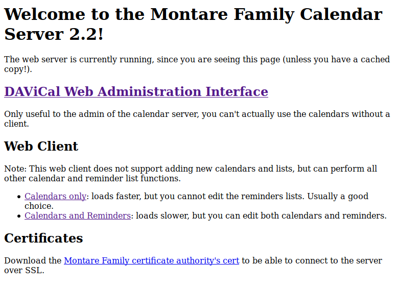 the homepage of my family's calendar server